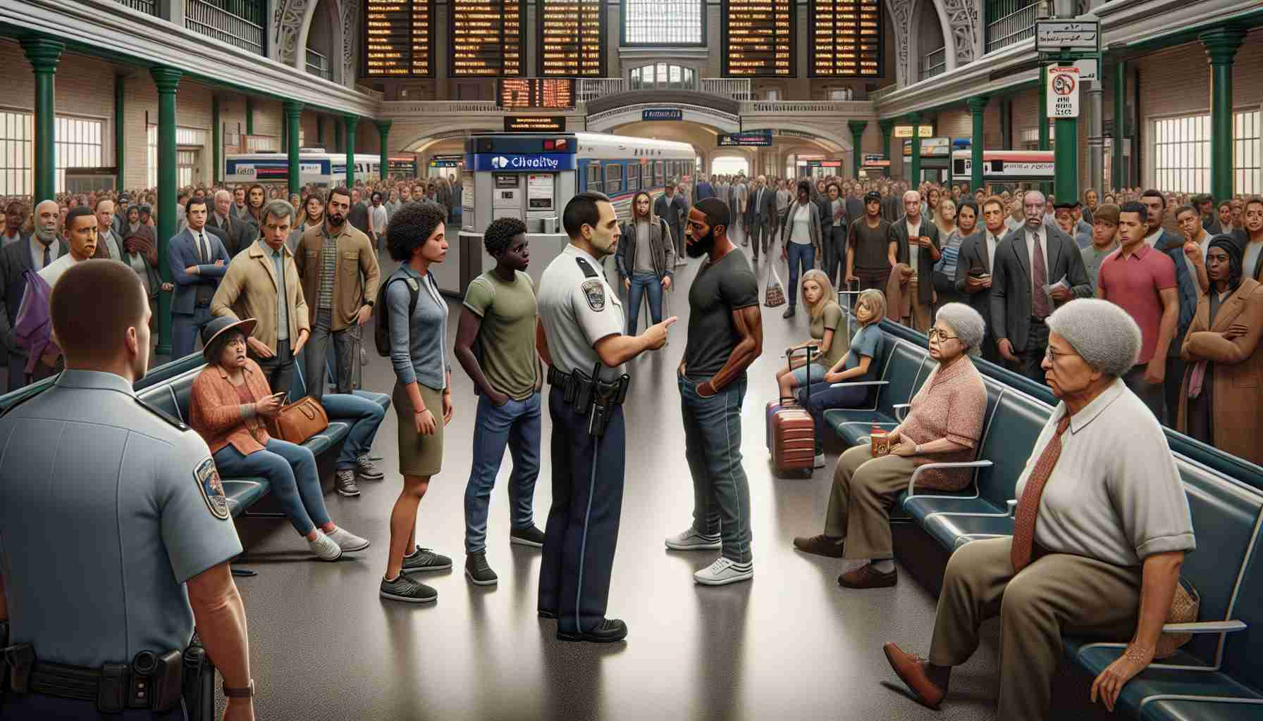 A detailed, realistic HD image showcasing an incident of alleged misconduct at a public transportation hub. The scene unfolds at a bustling, brightly-lit railway station filled with an assortment of people representing various genders and descents, such as Caucasian, Hispanic and South Asian. There's a raised commotion near the ticket counters where a tall, Middle Eastern security person seems to be having a stern discussion with a visibly agitated, Black female passenger. Nearby, a few curious onlookers including a White male teenager and a senior Hispanic woman express concern and surprise.