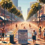 A realistic high-definition image depicting an unexpected heatwave hitting Florida. The scene includes streets sweltering under the intense heat, mirages appearing on the roads. Palm trees are in the background with heat waves distorting the environment behind them. Florida residents of diverse descents are captured coping with the intense heat, drinking plenty of water, using portable fans, and staying in shaded areas. The expressions on people's faces convey a strong sense of urgency and seek respite from the heat. Notice boards at public places urge residents to stay cool and hydrated.