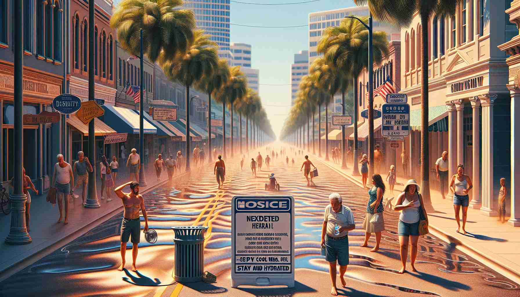 A realistic high-definition image depicting an unexpected heatwave hitting Florida. The scene includes streets sweltering under the intense heat, mirages appearing on the roads. Palm trees are in the background with heat waves distorting the environment behind them. Florida residents of diverse descents are captured coping with the intense heat, drinking plenty of water, using portable fans, and staying in shaded areas. The expressions on people's faces convey a strong sense of urgency and seek respite from the heat. Notice boards at public places urge residents to stay cool and hydrated.