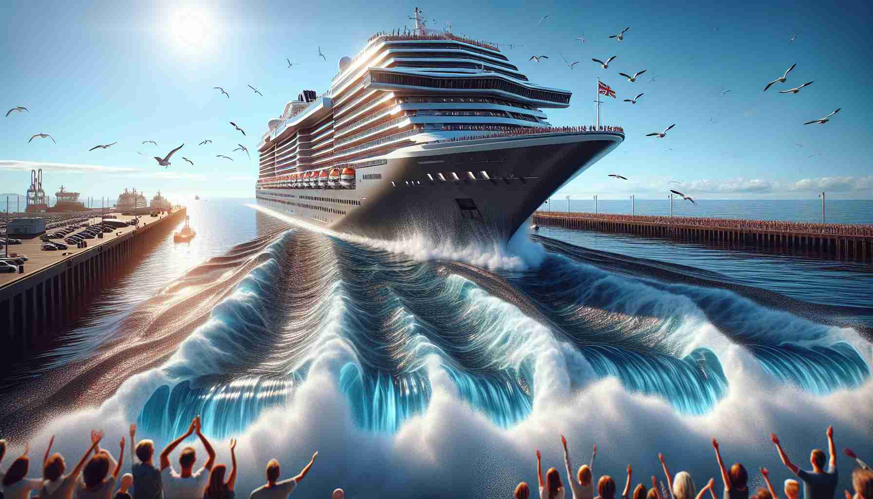 High-definition realistic image of a captivating scene: a luxury cruise ship, grand and elegant, departs from the port of Belfast. Water churns in the ship's wake, reflecting the gleaming sunlight. After months of patiently waiting in standby mode, the maritime giant is now invading the calm sea for an adventurous journey. Seagulls fly across the clear blue sky while spectators on the dock wave their hands joyously, signifying an end to the idle period and a thrilling start to the cruise ship's voyage.