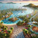 High definition, realistic rendering of an exciting theme park expansion occurring on a lush tropical island. The image should depict a mix of thrilling new roller coasters and quieter family-friendly attractions set amongst vibrant, tropical foliage. People of varying descents and genders, including children, should look excited and anticipate having a fun time. The crystal clear ocean bordering the park and a skyline containing the setting sun add to the exhilarating ambiance of the park.