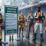 High definition, realistic image showcasing new safety measures being implemented by theme parks during natural disasters. It shows staff members of differing descents including a Caucasian female, a Hispanic male, and a Black male, all dressed in safety gear, guiding visitors of various descents and genders safely to designated disaster shelters. Visible signboards contain instructions and maps, precious amenities such as first-aid kits and emergency supplies are readily available. Weather conditions illustrate the onset of a storm, hinting towards the impending disaster.