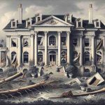 Detailed image of a large, grand estate in the traditional American style showing signs of extensive damage following a natural disaster. The house has neoclassical architectural features with columns, a large front porch, and sprawling gardens, now strewn with debris and fallen trees. The estate is set against a unsettled weather background, indicative of the recently passed storm.