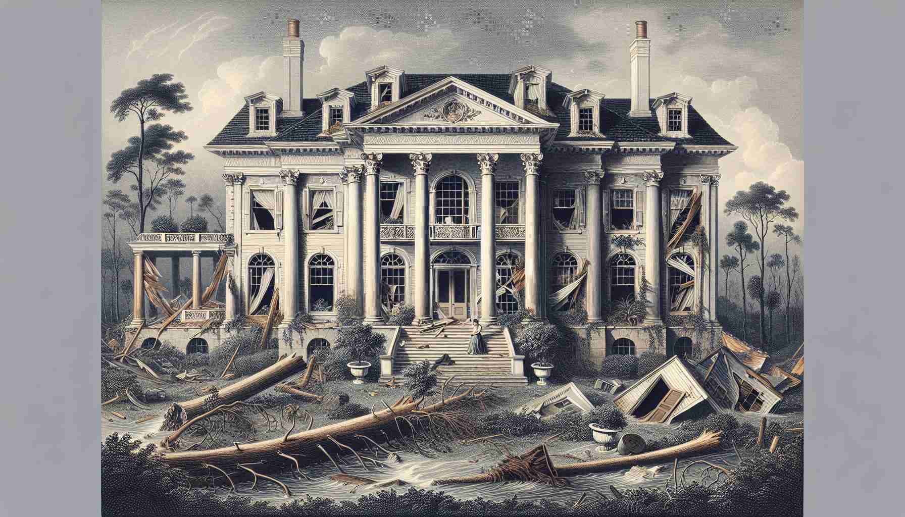 Detailed image of a large, grand estate in the traditional American style showing signs of extensive damage following a natural disaster. The house has neoclassical architectural features with columns, a large front porch, and sprawling gardens, now strewn with debris and fallen trees. The estate is set against a unsettled weather background, indicative of the recently passed storm.