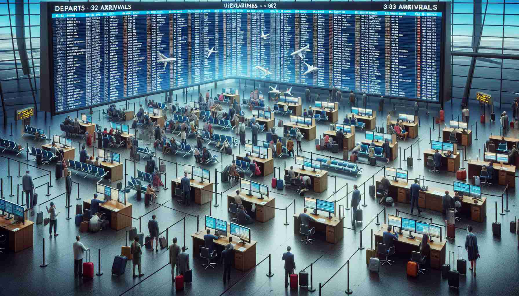 Realistic high-definition picture depicting the aftermath of a significant software glitch impacting airlines, showing departs and arrivals screens with unexplained delays and cancellations, distressed passengers lining up at service desks, and airline staff working tirelessly on their computers to fix the situation.