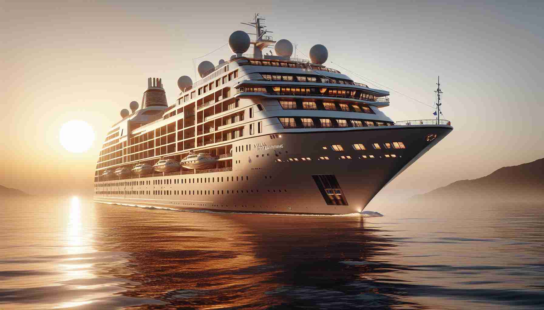 Generate a realistic high-definition image of a cruise ship named 'A New Beginning', part of the Villa Vie Odyssey fleet. The ship is elegantly designed with multiple decks, a plethora of windows, satellite domes on top, and several lifeboats attached to its sides. The sun is rising over the horizon, casting a warm, golden glow on the ship, symbolizing a new beginning. The sea around it is calm and the sky clear, amplifying the serene atmosphere around the cruise ship.