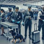 A high-definition image showcasing enhanced flight security measures being implemented at a busy airport following anonymous threats. There's a diverse mix of airport security personnel: a middle-aged South Asian man operating an advanced security scanner, a young African woman checking identification at a checkpoint, a Caucasian man accompanied by a sniffing detection dog, and a Hispanic woman supervising passenger luggage screening. The image expresses seriousness and vigilance, with passengers cooperating fully and respecting the additional measures taken for their safety.