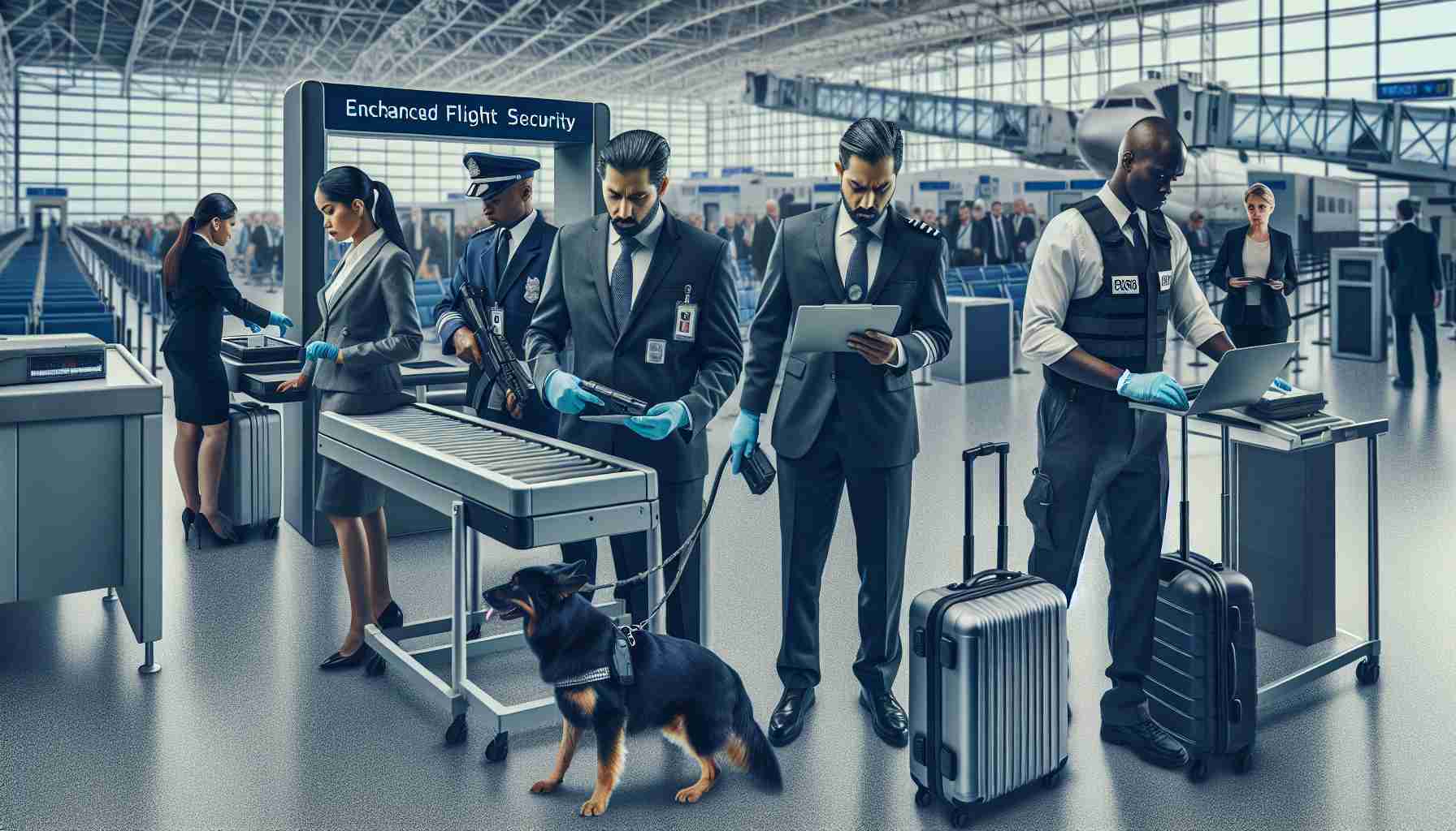 A high-definition image showcasing enhanced flight security measures being implemented at a busy airport following anonymous threats. There's a diverse mix of airport security personnel: a middle-aged South Asian man operating an advanced security scanner, a young African woman checking identification at a checkpoint, a Caucasian man accompanied by a sniffing detection dog, and a Hispanic woman supervising passenger luggage screening. The image expresses seriousness and vigilance, with passengers cooperating fully and respecting the additional measures taken for their safety.