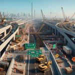 Generate a hyper-realistic, high-definition image showcasing a major interstate being temporarily closed for infrastructure upgrades. Visible details include traffic barricades, detour signs, heavy construction machinery like cranes and diggers, and workers in safety gear. Buildings and a city skyline can be seen in the distance, and the sky above is clear. The perspective should be from a bird's eye view to highlight the extensive scale of the construction project and the traffic disruption caused by it.