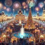 Generate a realistic, high-definition image of a magical holiday season at a large, fictitious amusement park. The scene should dawn with myriad of colorful lights embedded on buildings, sparkling fountains, and festive decorations covering all corners of the park. Crowds are bustling with joy; children are in awe, parents definitively relieved, each with smiles that span ear to ear. In the heart of the park stands a towering, beautifully decorated coniferous tree that fills the onlookers' hearts with the spirit of merriment. Grandiose fireworks light up the night sky, adding to the enchanting panorama.