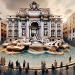 Generate a highly detailed and realistic image of the iconic Trevi Fountain in Rome. The fountain is busy with people of diverse backgrounds and genders. The Baroque-style architecture is prominently featured with detailed carvings of mythical creatures. The fountain's water appears clear and dynamic, reflecting the Roman sunlight. This scene is part of a guided experience, with signages subtly guiding the viewer through the details and history of the location. The text 'Access Transformed: A Guided Experience' appears at the bottom of the image.