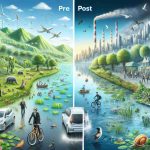 Produce a high-definition, realistic image that depicts the benefits of eco-friendly travel policies. Visualize scenes of green landscapes thriving due to less pollution, wildlife roaming freely, cleaner waters, and people using sustainable modes of transport like bicycles and electric cars. To emphasize the positive impact, show contrasting pre and post implementation side-by-side comparisons. Incorporate symbols of healthy, balanced eco-systems and happy people living in harmony with nature.