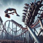 Generate a high-definition, realistic image narrating an exhilarating scene involving a thrill-seeker's daring escape from a roller coaster adventure. The image should depict the exact moment of escape with the roller coaster in motion in the background. The thrill-seeker could be a young Hispanic woman, performing acrobatic stunts while disembarking from the roller coaster as it skitters along its track. The atmosphere around should be electric with onlookers watching in awe and disarray as the thrilling scene unfolds.