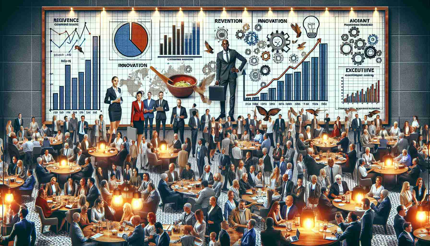 High-definition image depicting the recent quarterly performance of a leading hospitality company. The scene portrays various aspects such as revenue graphs, customer satisfaction surveys, innovation reports, executive meetings with strategizing sessions, crowded hotel lobbies indicating high occupancy rates, and bustling restaurant scenes showcasing excellent service. The workforce is diverse, with men and women of different descents: Caucasian, Hispanic, Black, Middle-Eastern, South Asian, and other ethnicities working harmoniously.