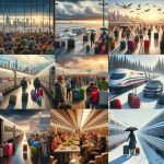 A high-definition, realistic depiction of various scenes representing the quintessential expectations of Thanksgiving travel set against the backdrop of diverse weather conditions. Here, you'll find imagery of bustling airports with passengers of various descents including Hispanic, Caucasian, Black, Middle-Eastern, and South Asian, bracing themselves as they pull out their suitcases through the rain, sun, and snow. Also, the warmly lit interiors of cross-country trains filled with people, including families of different genders and descents, sharing conversations and meals as the landscapes of changing seasons pass by outside the windows.