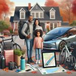 A detailed and realistic high-definition image showing examples of sustainable travel alternatives appropriate for Thanksgiving journeys. Picture a family, consisting of a Black father, Hispanic mother, and their middle-eastern daughter, all packed and ready to embark on their journey. In their driveway, their electric vehicle is charged and ready. Also on the image are bicycles, a map open on a tablet showing a train route, reusable water bottles, and eco-friendly luggage made from recycling materials. Autumn leaves can be seen all around, setting the scene to late November. Notable is the sense of excitement and anticipation on the family's faces.