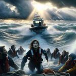 Generate a detailed and realistic high-definition image. The scene is set on the open ocean where a heroic rescue mission is taking place under adverse weather conditions. Waves are splashing high, showing the turbulent sea. The central figure, an Asian woman, is at the helm of a coast guard rescue boat, straining against the storm. In the distance, a mixture of fear, gratitude, and relief is visible on the faces of a Hispanic man, a Middle-Eastern woman, and a teenage White girl, who are being rescued from the icy water. The scenario illustrates the theme 'Heroic Actions at Sea'.