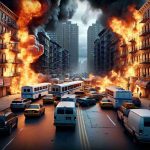 High-resolution, realistic portrayal of an unexpected fire, resulting in a halting of transportation, in an urban setting that resembles the Bronx borough of New York City. The image captures the intensity of the flame breaking out suddenly and the dramatic impact it has on the local transport system, showing vehicles like buses and cars stopped in their tracks. In the backdrop, you can see the trademark neighborhood characteristics of the Bronx with its multi-storied buildings, hoardings, and the constant bustle of city life momentarily subdued.