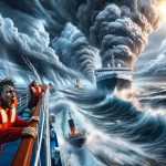 High-definition realistic image of an uncommon weather event leading to a passenger getting injured aboard a transatlantic cruise. The scene should display the chaotic weather with towering storm clouds and unpredictable waves, the passenger's shocked expressions, and the vessel braving the turbulence.