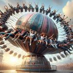 Realistic high-definition image of a thrilling experience on a spherical spinning ride at a popular amusement park. Picture captures the excitement and adrenaline rush of the riders as the ride spins and gyrates, with the sky as backdrop and laughter echoing in the air.