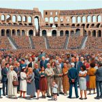 Create a detailed HD illustration of an event at the Roman Colosseum that could be perceived as controversial. Show a multitude of people of different genders and descents like Caucasian, Hispanic, Black, Middle-Eastern, South Asian, White. They are engaged in a modern event which looks out of place with the historical setting. This event should appear to promote a recreational activity and is causing a cultural clash. Some people are participating enthusiastically whereas others are unhappy, causing murmurs of discord.