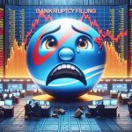 A high-definition, realistic illustration of a fictitious airline company's logo with a distressed expression, symbolizing financial trouble. The background is a stock exchange, filled with graphs representing falling share prices, screens displaying numbers in red, and frantic traders. The words 'Bankruptcy Filing' are emblazoned on the screens, hinting at the company's critical financial predicament.