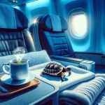 Generate a high-definition, realistic image of a surprising passenger discovered on a transatlantic flight. Create an atmosphere that captures the astonishment of the cabin crew discovering a small tortoise peacefully sitting on a leather seat in the business class section of the airplane. The cabin lights are dim and there is a blue hue creating a serene environment. Nearby, a steaming cup of herbal tea sits on the fold-out tray and a complimentary blanket is neatly folded next to the unsuspected guest.