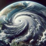 A hyper-realistic, high-definition portrayal of a new trajectory for Hurricane Rafael. The image should depict a hurricane from space, demonstrating the swirling cloud patterns characteristic of such a storm. Focus on the Atlantic Ocean and surrounding coastal areas, emphasizing dynamic weather patterns related to the new path of the hurricane. The outlines of continents can be faintly visible under the veil of atmospheric conditions. The hurricane should be in the centre of the frame, but with a clear shift in its projected pathway visible based on the surrounding weather systems.