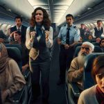 A high-definition scene depicting an unruly passenger incident that stirs tension during a flight. The frame is filled with distinct characters, showcasing a diverse variety of people. There is an anxious flight attendant, a Caucasian woman in her mid-thirties, trying to calm the situation. Another person in the scene is a young Hispanic man, possibly the unruly passenger, displaying a defiance, with clenched hands and a stern expression. Among the spectators, there's a Middle-Eastern elderly man looking surprised, and an African-American woman holding her child with concern visible on her face. The aisle of the aircraft is filled with unease, the overhead lights casting long shadows, adding to the drama.