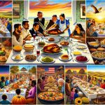 A highly detailed and realistic image depicting various unique Thanksgiving celebrations across different regions in the US. This could include, for example, a New England family seated around a long, rustic wooden table laden with traditional Thanksgiving fare, such as roasted turkey, cranberry sauce and pumpkin pie; a Hispanic family in the Southwest gathering alfresco under a vibrant sunset, incorporating favorites like tamales and chiles into their meal; a Black family in the South adding a soulful twist with dishes like collard greens and cornbread stuffing; and a middle-eastern family mixing traditional dishes with their own cuisine. Use these scenarios and feel free to add others, all happening simultaneously in a collage-like manner.