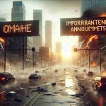 Generate a high-definition, photorealistic image of an extreme weather event causing disruption in a city similar to Omaha, with signage indicating important announcements are imminent.