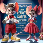 Realistic high-definition image of a male and a female anthropomorphic mouse characters unveiling their delectable new outfits. The male mouse is dressed in red shorts, large yellow shoes, and white gloves while the female mouse is wearing a red polka-dot dress and a matching bow. They are both standing in front of a backdrop that reads 'Get Ready for Sweet Surprises!'