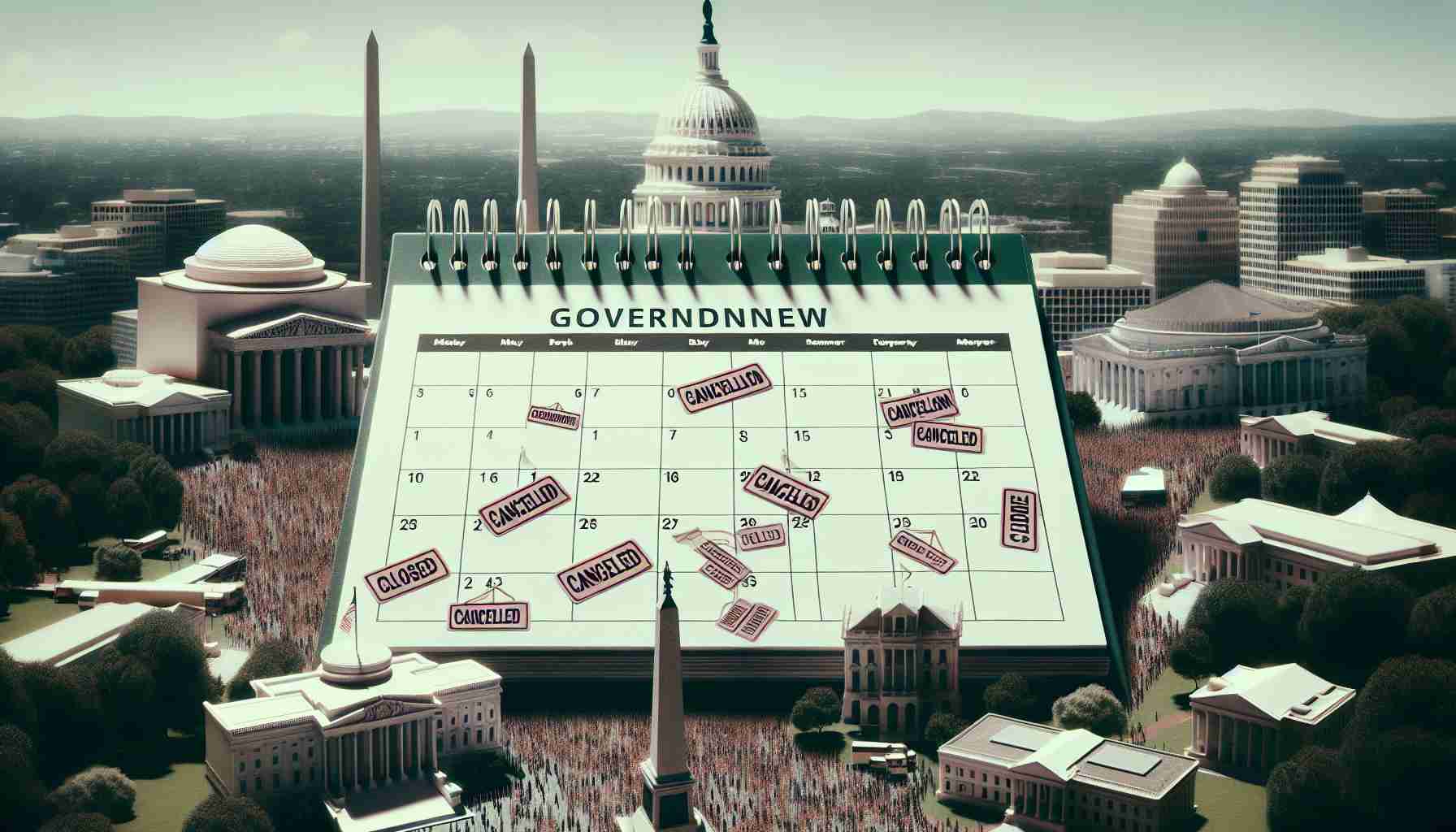 Generate a high-definition, realistic image representing the concept of a government shutdown causing major disruptions. The scene could consist of a calendar marked with cancellation signs, representing the 'holding of plans', juxtaposed with a backdrop of various public departments such as parks and monuments closed, mass protests, and public service disruptions. Add an overall subdued color palette representing the gloom and tension during a shutdown.