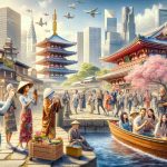 A high-definition, realistic photo depicting the increase in tourism conditions in Japan. Imagine a bustling city center filled with multicultural tourists exploring. A Middle Eastern male tourist marvels at ancient temples, while an African female tourist tries local street food. A Caucasian couple is taking photos under cherry blossom trees, while a South Asian family enjoys a ride in a riverboat. The backdrop includes well-known landmarks, heritage sites, and local culture. The scene portrays the essence of travel and exploration, the rush of people, the vibrancy of their experiences, and the spirit of record-breaking tourism.