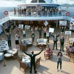 A realistic high-definition image showing a group of passengers initiating an uncommon protest on a cruise ship, due to an unforeseen alteration in the cruise itinerary. Include individuals of various descents such as Caucasian, Asian, Black, and Middle-Eastern who are expressing their concerns and dissent with creative signage and peaceful gestures. The surrounding environment speaks volumes of the luxury of the cruise, while their faces display a sense of disappointment. The scenic ocean background adds a contrast to the tense atmosphere, illuminating the irony embedded in a paradise turned sour.