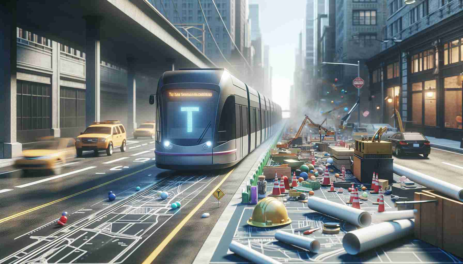 A high-definition, realistic scene depicting a public transport vehicle with a 'T' symbol, zipping along a busy city street after a long period of stagnation. Future changes and improvements are suggested with an array of construction markers, technical blueprints, hard hats, and construction crews working on infrastructure enhancements. The air is filled with surprise and excitement about what this forthcoming transformation will bring.