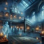 Create a highly detailed, realistic image of a controversial figure in a haunted mansion. Depict an eerie building, with gothic architecture, dramatic lighting, and a dark, misty ambiance. The figure should have an air of mystery and may be slightly translucent, hinting at a spectral quality. Include elements related to the mansion's history that might contribute to the controversy, such as portraits or artifacts of ambiguous nature. Don't depict anyone specific, keep the figure generic. The theme of the image should revolve around the question 'Will It Stay or Will It Go?', leaving viewers to speculate about the figure's relative permanence or transience.