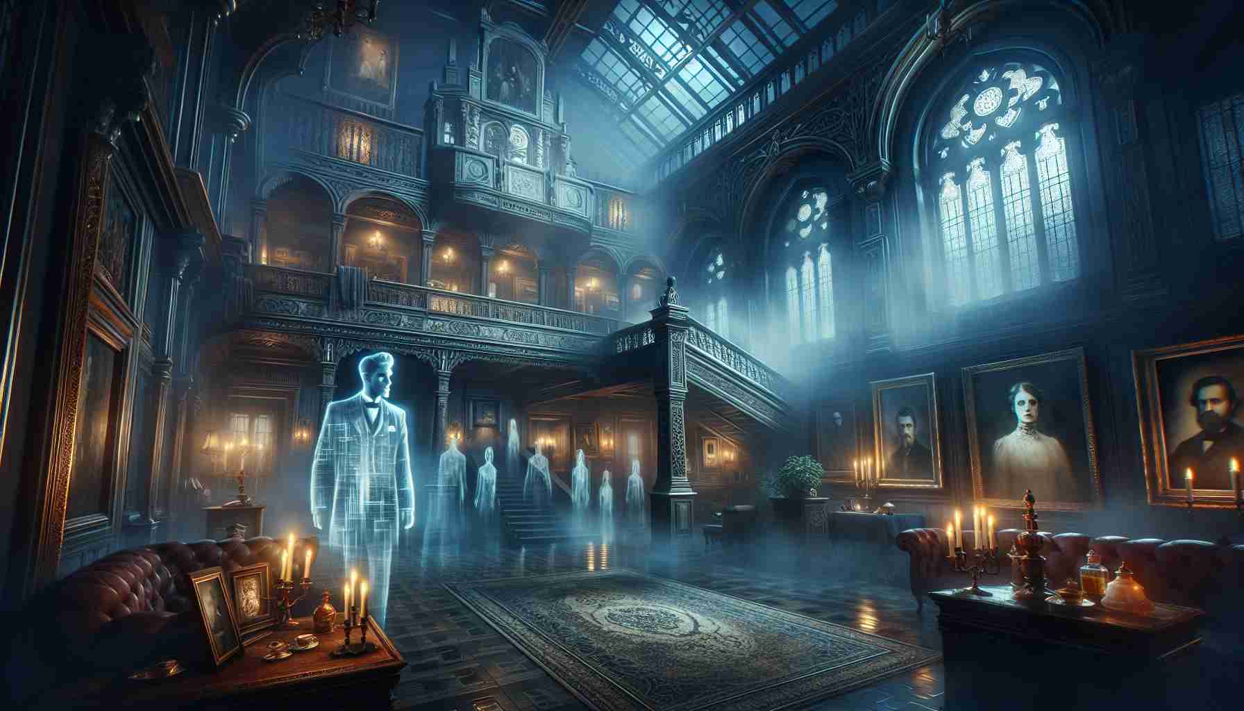 Create a highly detailed, realistic image of a controversial figure in a haunted mansion. Depict an eerie building, with gothic architecture, dramatic lighting, and a dark, misty ambiance. The figure should have an air of mystery and may be slightly translucent, hinting at a spectral quality. Include elements related to the mansion's history that might contribute to the controversy, such as portraits or artifacts of ambiguous nature. Don't depict anyone specific, keep the figure generic. The theme of the image should revolve around the question 'Will It Stay or Will It Go?', leaving viewers to speculate about the figure's relative permanence or transience.