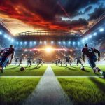 Realistic high-definition image depicting a dramatic and intense football match on the horizon. One team, known for their maroon and navy stripes, are under pressure to uphold their reigning championship status. The stadium buzzes with anticipation and excitement.