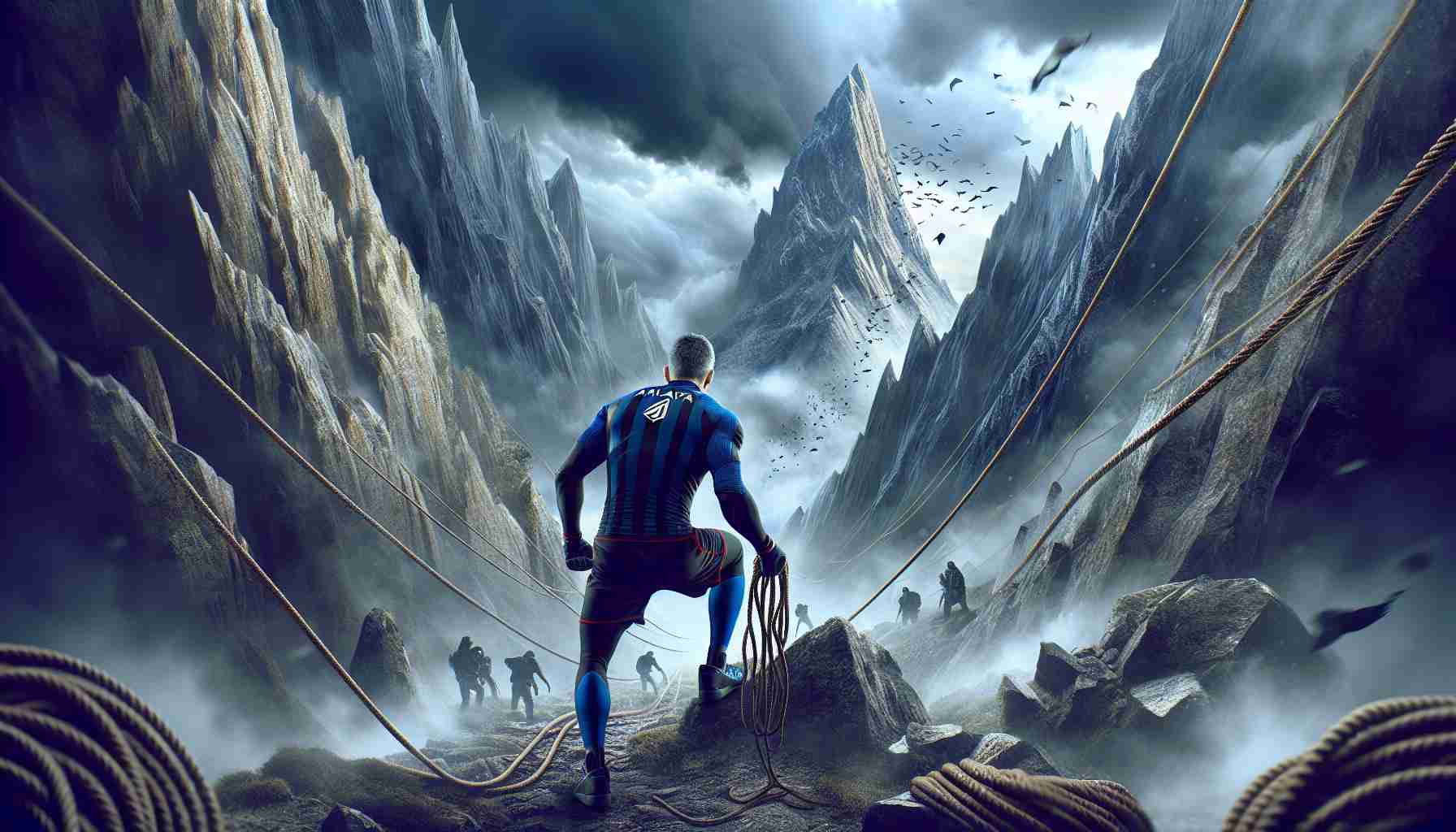 Create a highly detailed and realistic image that portrays a metaphorical scene symbolizing a tough challenge. In this scene, imagine an athlete, dressed in blue and black sporting attire, standing at the bottom of a steep, rugged mountain, as a metaphor for Atalanta overcoming the odds. The athlete is preparing to climb, filled with determination. Incorporate elements such as ropes and a rugged path to represent the obstacles and hurdles that may come their way. The setting is harsh, with ominous skies and strong winds emphasizing the difficulty of the challenge ahead.