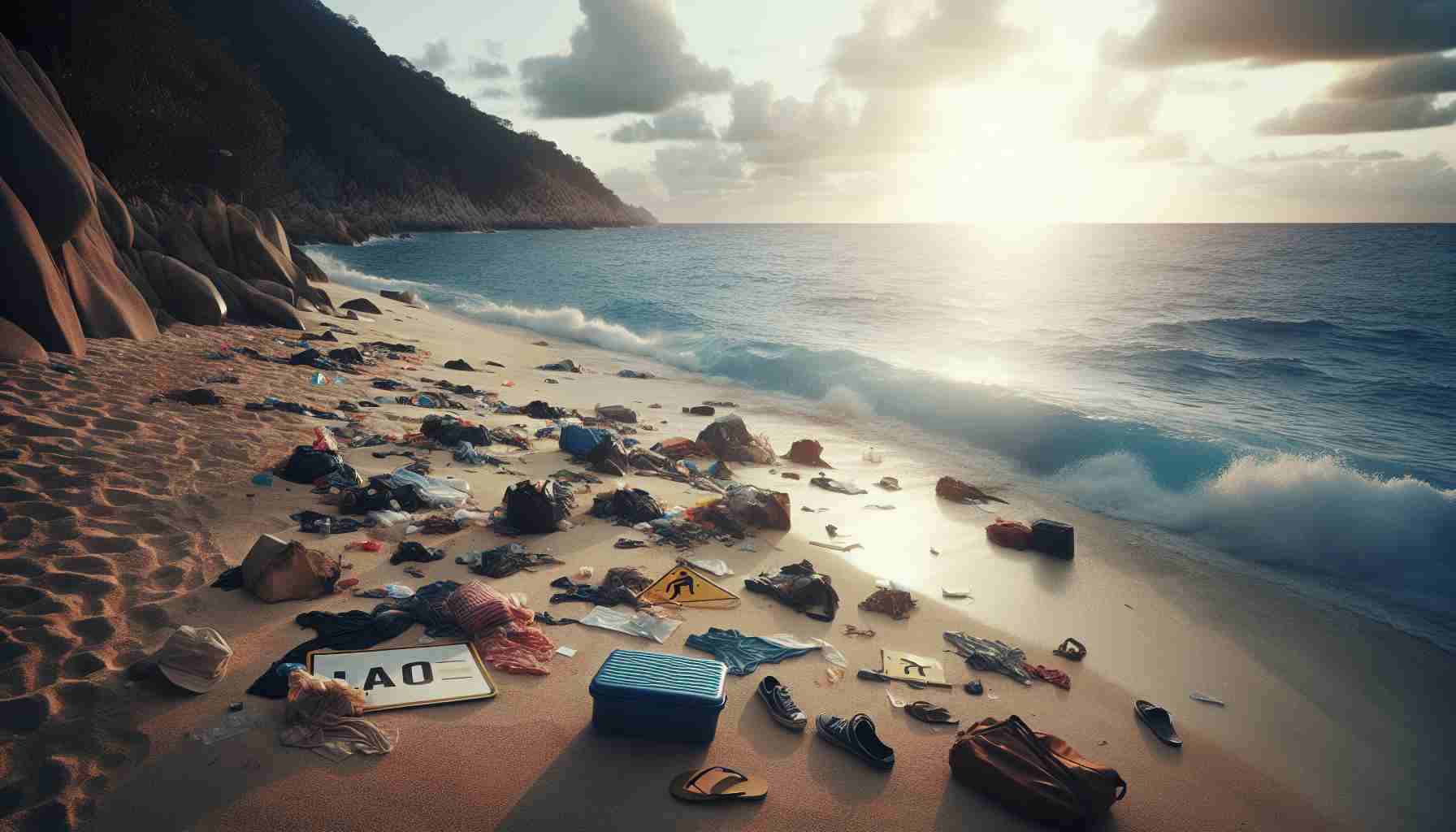 A high resolution photograph depicting a tragic scene by the seaside. Signs thrown ashore, and belongings scattered around, tell the story of a fatal sea event that took the lives of four tourists. The implied narrative is of a sudden, unexpected catastrophe in what would have been a paradise-like setting.