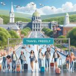 A high definition, realistic image capturing the joy of travel restrictions being lifted in Pennsylvania. The scene showcases people of diverse descents, genders, and ages with their travel luggage, excitedly exploring the local landmarks, wide roads, verdant parks, and historic buildings under a beautiful, clear sky. A signboard reading 'Travel Freely' is visible prominently.