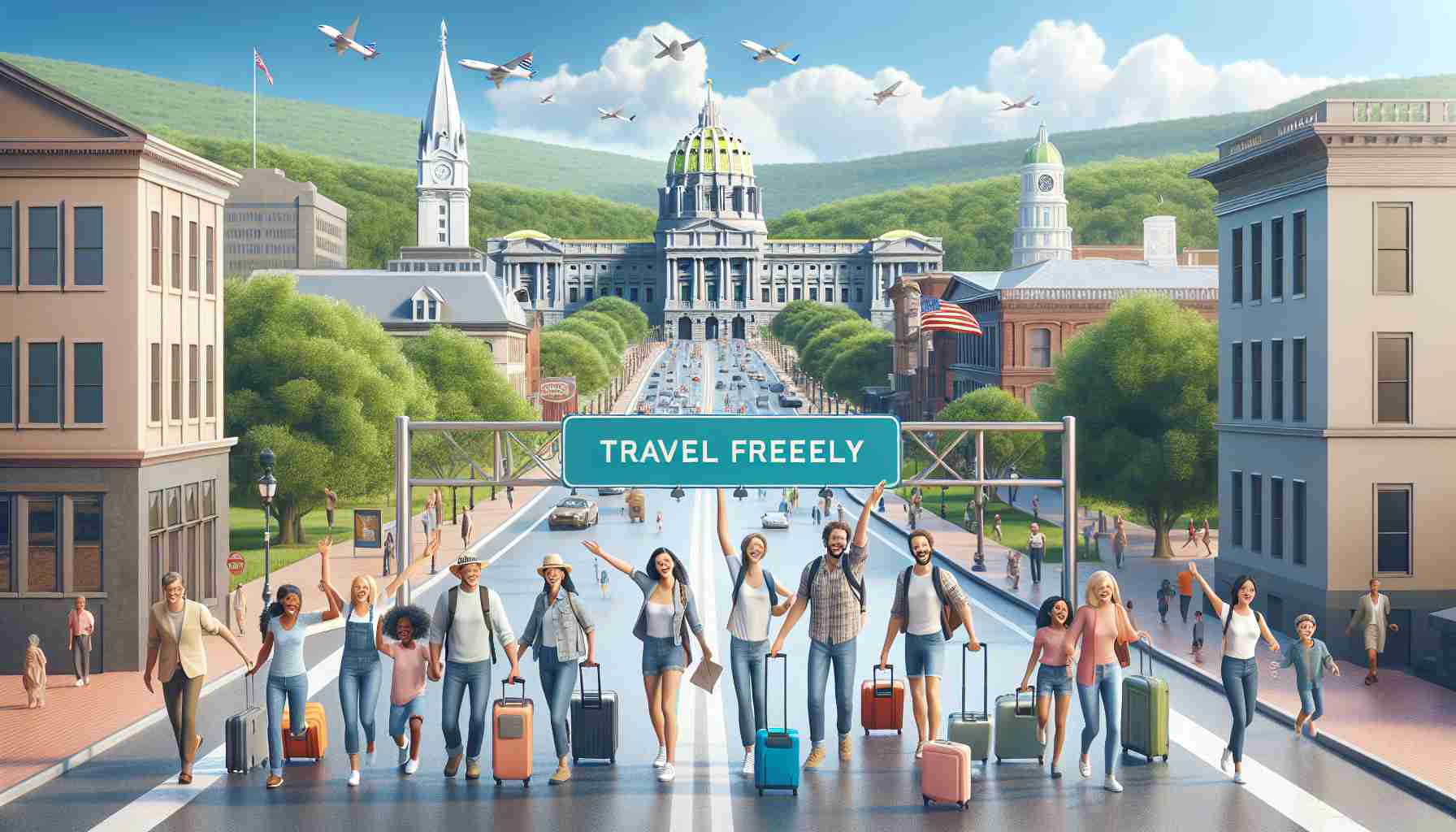 A high definition, realistic image capturing the joy of travel restrictions being lifted in Pennsylvania. The scene showcases people of diverse descents, genders, and ages with their travel luggage, excitedly exploring the local landmarks, wide roads, verdant parks, and historic buildings under a beautiful, clear sky. A signboard reading 'Travel Freely' is visible prominently.