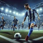 A realistic, high-definition image capturing the essence of a football match, embodying the spirit of a team like FC Porto with a bold focus, aiming for victory. The scene should include players on the field in action, all eyes on the ball while spectators, full of anticipation, cheer from the stands.