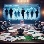 A detailed and vivid HD portrayal of significant financial transactions in football: showcasing a dramatic scene where unbelievable player transfers are being revealed. A room with financial charts and graphs, a replica football, pens, papers, and contracts spread across a grand wooden table. On a large screen, silhouettes of footballers, without divulging any specific identities, are displayed, indicating the intense negotiations ongoing for their transfers.