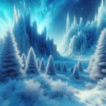 Generate a high-definition, photorealistic image that encapsulates the beauty of winter in an enthralling manner. Showcase a frozen landscape that might include sparkling icy formations, serene snow-covered trees, and a blue-tinted sky. Also suggest the feel of crisp, cold air and a whiteness that blankets everything. Evoke a chill yet enchanting atmosphere that represents the marvels of winter in a striking, unforgettable way.