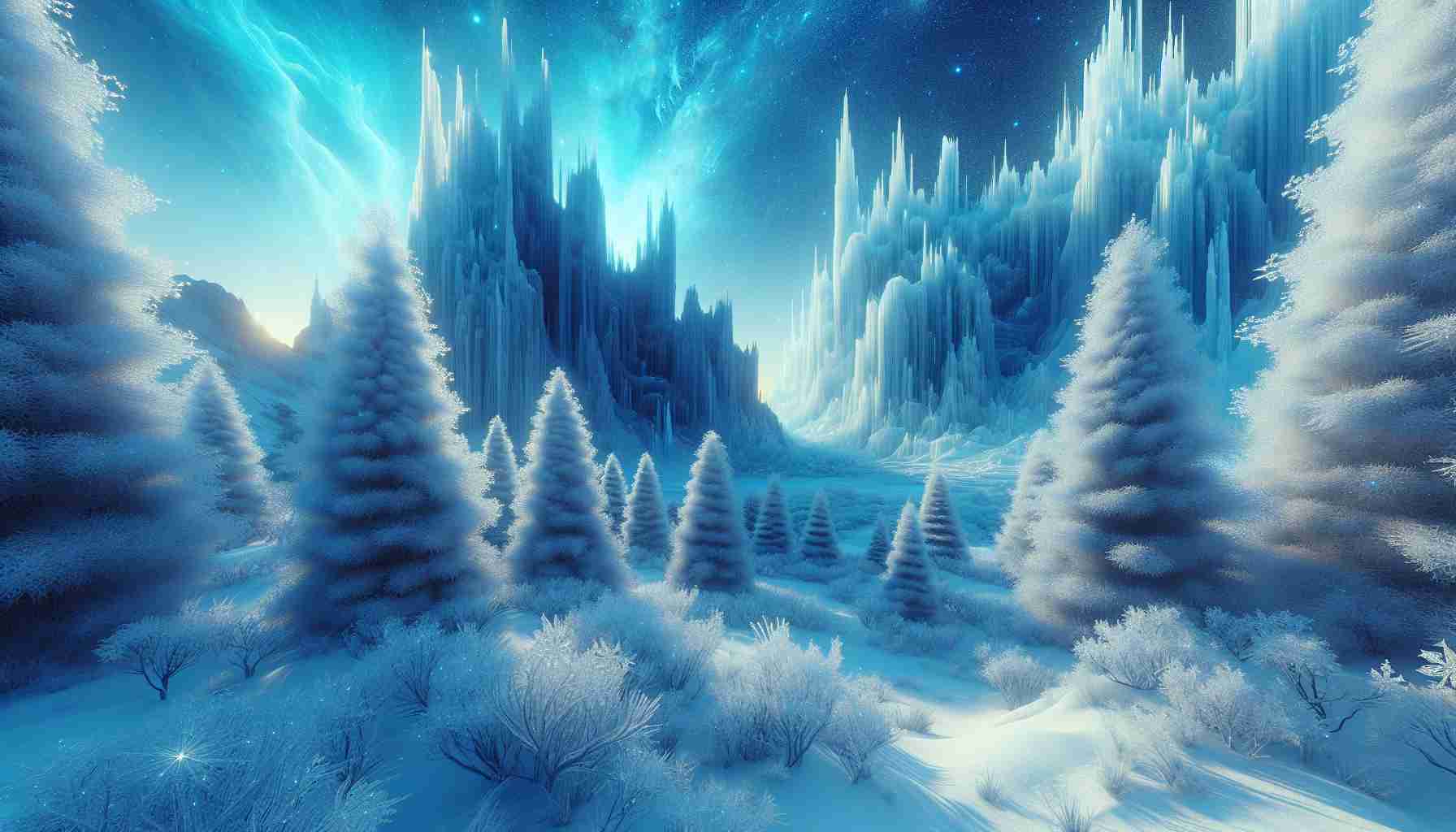 Generate a high-definition, photorealistic image that encapsulates the beauty of winter in an enthralling manner. Showcase a frozen landscape that might include sparkling icy formations, serene snow-covered trees, and a blue-tinted sky. Also suggest the feel of crisp, cold air and a whiteness that blankets everything. Evoke a chill yet enchanting atmosphere that represents the marvels of winter in a striking, unforgettable way.