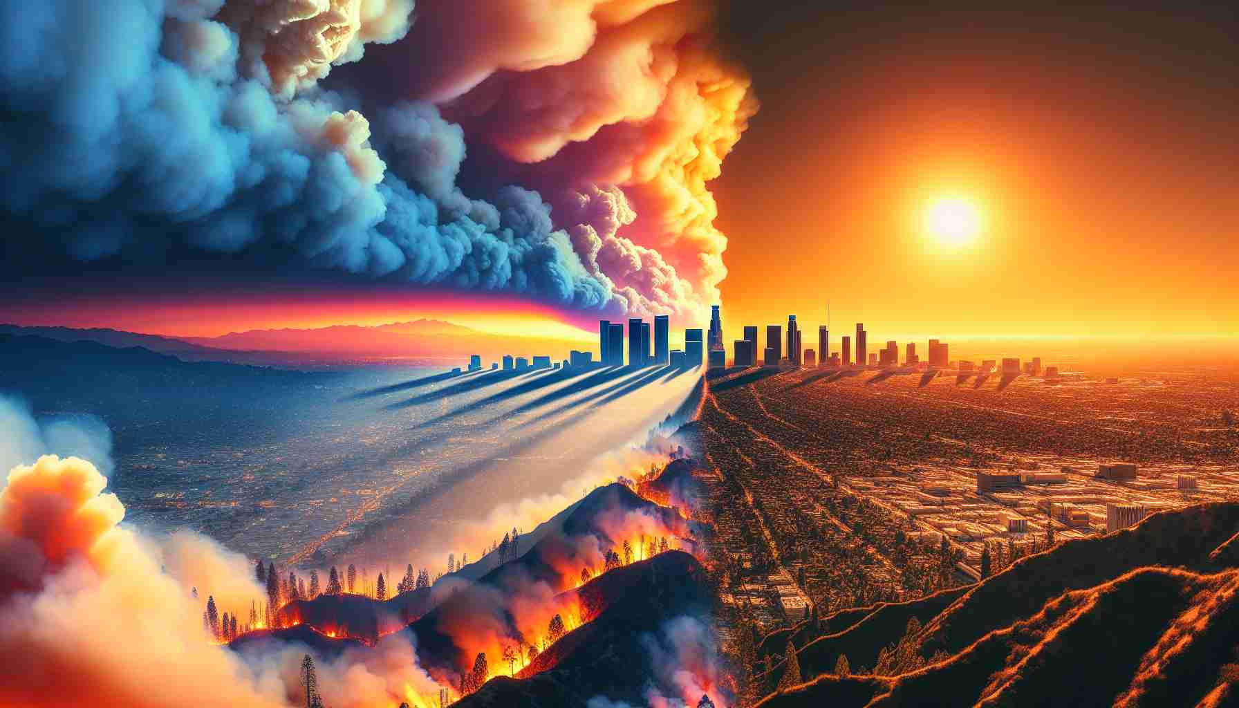 A realistic, high definition image representing the threat of wildfires affecting Los Angeles. The image should depict a beautifully sunny Los Angeles landscape, with its iconic cityscape in the background. But, subtly on the horizon, a distant, wispy smoke cloud suggests the onset of wildfires. The sky is vibrant, with tints of orange and pink from the setting sun, adding both a serene and an ominous feeling. The image should be thought-provoking, indicating the hidden danger of wildfires amid the stunning natural beauty of the area.